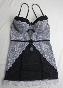 Short Black Mesh Bustier with White Lace by Frederick's of Hollywood - Size L - Picture 1 of 12