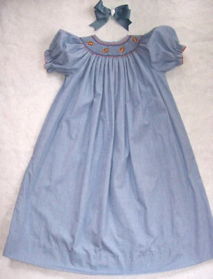 Girl 6X: LOVELY ~AMANDA REMEMBERED~ FOOTBALL-SMOCKED BLUE-CHECKED BISHOP'S DRESS - Image 1 of 3