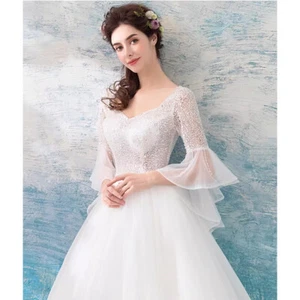 Womens French Deep V-neck Lace Studded Pearl Princess Bride Wedding Party Dress - Picture 1 of 13