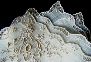 Antique Wedding Handkerchiefs hand Punto Quadro lace w emb/ry &festooned hem #3 - Picture 1 of 9