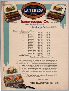 1919 La Teresa Cigars Raubitschek Co. Pittsburgh Advertising Pricing Flyer - Picture 1 of 2