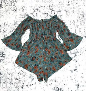 Morrisday The Label Womens Romper 10 Green Floral Flare Sleeve Crinkle Wide Leg - Picture 1 of 8