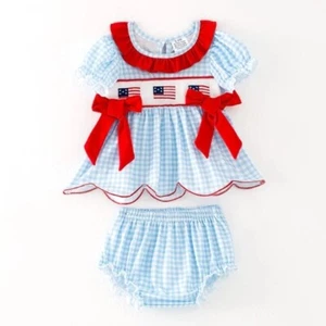 NEW Boutique 4th of July Embroidered Flag Smocked Tunic Baby Girls Outfit - Picture 1 of 6
