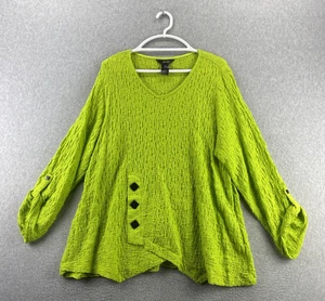 Ali Miles 1X Lime Green Textured Crinkle Button Front Roll Tab Sleeve Tunic Top - Picture 1 of 9