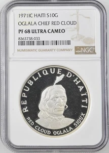 1971 C HAITI Silver 10 GOURDES NGC PF-68 OGLALA CHIEF RED CLOUD - Picture 1 of 2