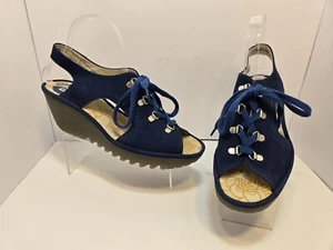 Fly London Ylfa Blue Suede Wedge Laced Sandals Women's Size 41 U.S. 10 - 10.5 - Picture 1 of 12