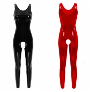 Lady Faux Patent Leather Bodysuit Jumpsuits Sexy Lingerie Leotard PVC Crotchless - Picture 1 of 9