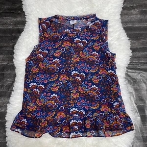 CAbi Lindsey Tank Navy Multi Color Floral Raw Hem Tank Spring Boho Festival - Picture 1 of 7