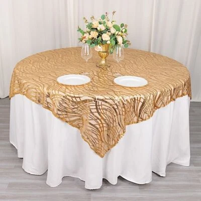72x72 in Wavy Embroidered Sequined Tulle Square TABLE OVERLAY Party Decorations - Image 1 of 4