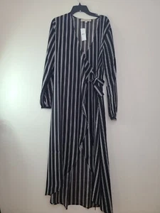 LOFT Wrap Dress-Midi-Black & White Stripes-Long Sleeves- size XS New W/Tags - Picture 1 of 13