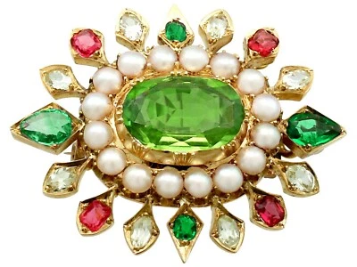 4.35 ct Peridot 2.56 ct Emerald Sapphire Seed Pearl 18k Yellow Gold Brooch - Image 1 of 4