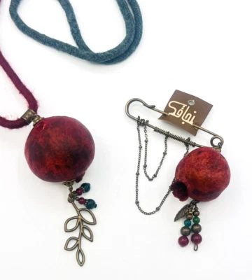 Artisan Pomegranate Necklace and Safety Pin Brooch BOHO Jewelry Set - Image 1 of 4