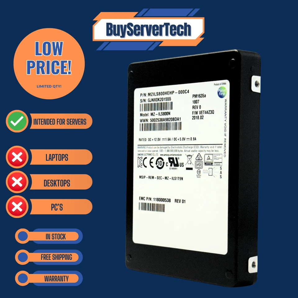 Samsung MZ-ILS800N 800GB SAS 12Gb/s 2.5" SSD PM1635A EMC - 1 Year Warranty - Image 1 of 4