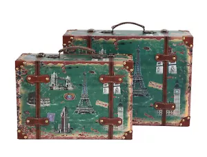 Set of 2 European Landmarks Vintage Wooden Luggage with Leather Straps and Handl - Picture 1 of 7