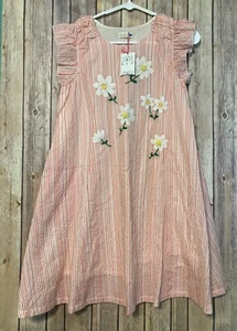 NEW Knit Planner Girls Lined Summer Dress Orange White Striped Flowers 150 12 - Picture 1 of 3