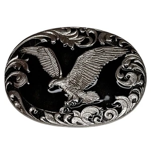 American Eagle Ornate Swirl Silvertone Black Enamel Oval Belt Buckle - Picture 1 of 2