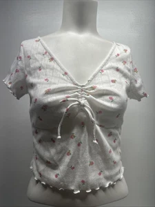For Love & Lemons Top Cropped Shirt Short Sleeve Ditsy Floral White Pink XS - Picture 1 of 8