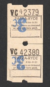 VINTAGE PARRA - RYDE WESTERN SYDNEY NSW 3 CENT BUS TICKET PAIR - Foto 1 di 2