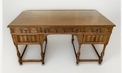 Aparador tocador Kittinger roble macizo 5 cajones latón tiradores tapa de vidrio Foto 1 de 4