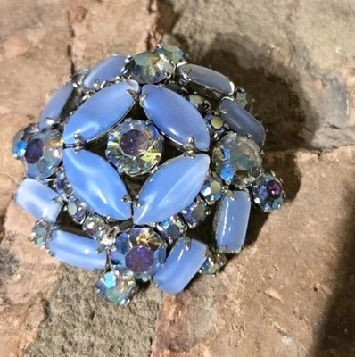 Vintage Blue Rhinestone Tigers Eye Beads Brooch Pin Costume Jewelry - Image 1 of 4