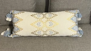 Anthropologie Lumbar Pillow 26” Blue Gold Cream Boho Tassels Cotton GOOD COND - Picture 1 of 4