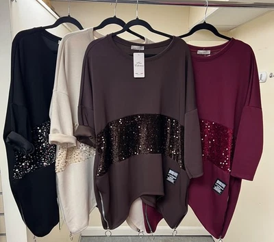 Ladies Self Coloured Sequins Oversized Scuba Fabric Pocket Top Side Zips - Image 1 of 4