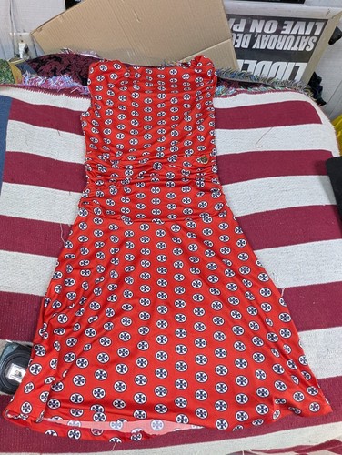 Abito midi Tory Burch rosso monogramma floreale gonna svasata elasticizzato taglia S