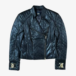 Vintage Y2K Damen Roberto Cavalli Class schwarze gesteppte Leder Biker Jacke - Bild 1 von 6