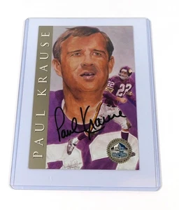 Tarjeta plateada firmada por Paul Krause 1998 Salón de la Fama del Fútbol Profesional 4x6 Vikings automática - Imagen 1 de 2