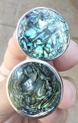 Vintage Taxco Mexico Sterling Silver Abalone Shell Round Cufflinks - Image 1 of 4