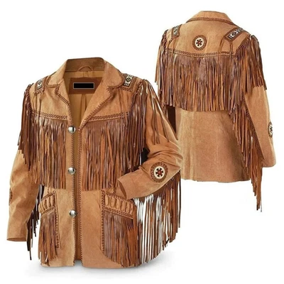 Men’s Western Suede Leather Fringe Jacket Native American Cowboy Beaded Coat - Image 1 of 4