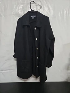 Vtg Herman Geist Womens Black 100% Wool Long, Pockets, Abalone Shell Buttons Lrg - Picture 1 of 16