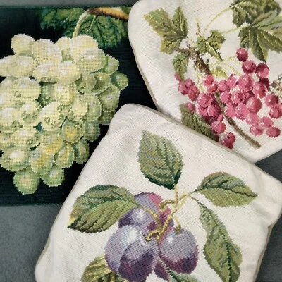 VINTAGE Wool Velour Fruit Needlepoint Pillow Covers 14" Sq Grapes Plums Cottage - Image 1 of 4