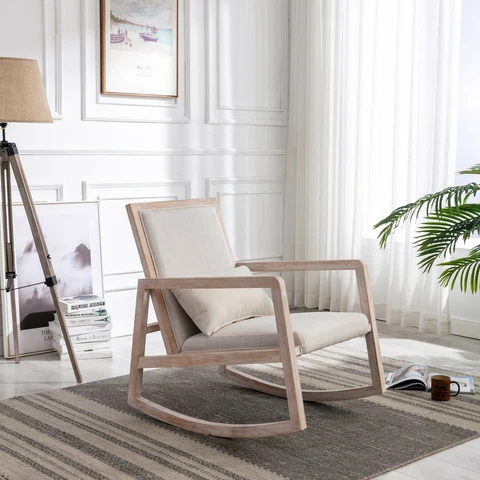 Solid Wood Linen Fabric Antique White Wash Painting Beige Rocking Chair Cover