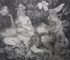 "Temptations Under Magnolia Tree" copper etching Henryk Fantazos, edition 100, - Picture 1 of 2