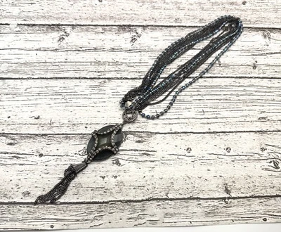 Simply Vera Wang Blue Rhinestone Tassel Pendant Long Necklace Gunmetal Chain 30" - Image 1 of 4