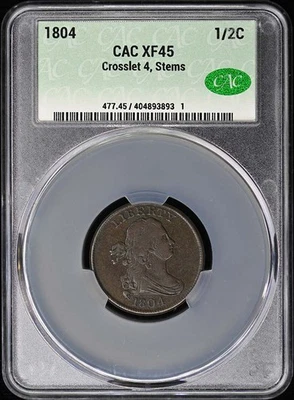 1804 1/2C Crosslet 4, Stems Draped Bust Half Cent CACG XF45BN - Image 1 of 3