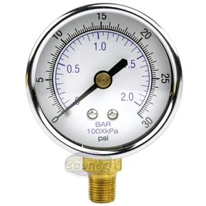 1/8" NPT Air Compressor Lower Mount Pressure Gauge 0-30 PSI Side Mnt WOG 2" Face - Picture 1 of 6