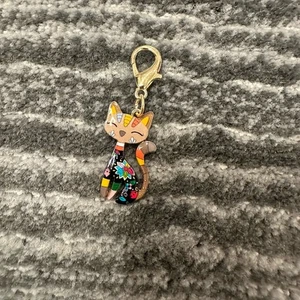Enamel Cat Bag Charm Colorful Kitten Clip On Floral Charm Cat Lady Gift Boho New - Picture 1 of 4