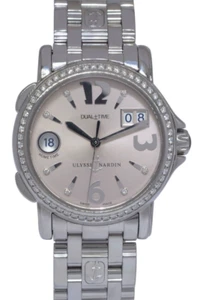 Ulysse Nardin Dual Time Steel Pink Dial & Diamond Ladies 37mm Watch B/P 223-22 - Picture 1 of 11