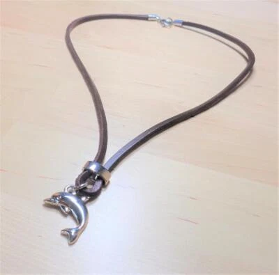 COLLAR COLGANTE NÁUTICO RODIO TONO PLATA CUERO DELFÍN CORDÓN VIDA MARINA SURF Foto 1 de 4