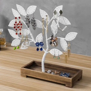 White Metal Jewelry Tree with Wood Tray, Earring and Necklace Hanger Organizer - Picture 1 of 8