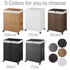 Laundry Room Handwoven Laundry Hampers with Wheels Divided Liner Bags Basket - Picture 1 of 27