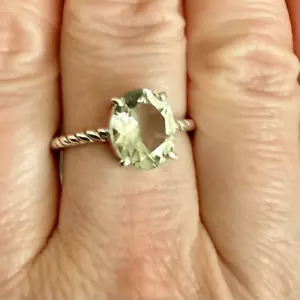 Natural Faceted Oval Green Amethyst Sterling Silver Twisted Ring Size 7 New - Picture 1 of 4