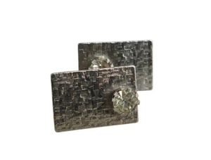 Vintage Shields Silver Tone Textured Cufflinks w/ Dogtooth Prongset Rhinestone - Picture 1 of 5