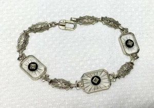 Art Déco Diamante Bracciale Ghiacciato Rock Cristallo Onice Nera Oro Bianco - Foto 1 di 12