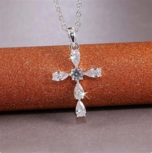Silver Plated Inlaid Cubic Zirconia Cross Pendant Necklace - Picture 1 of 6