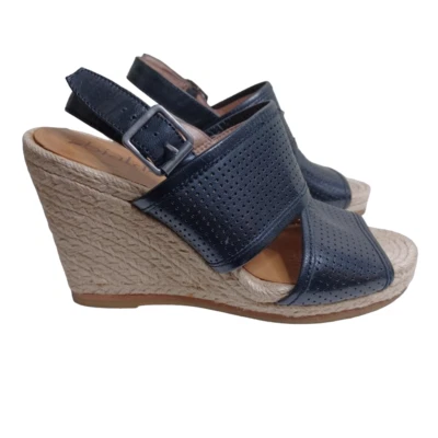 Women's BIALA Black Perforated Leather Slingback Espadrille Wedges Size 38 M - Image 1 of 4