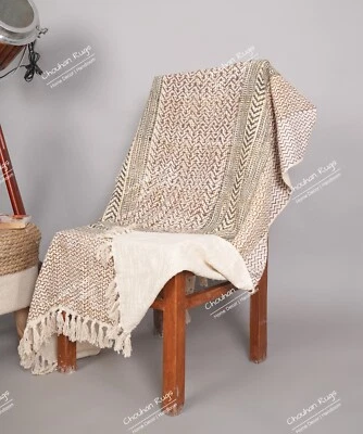 Mud Cloth Throw Blanket with Tassels Hand Loomed Block Print Cotton Sofa Décor - Image 1 of 4