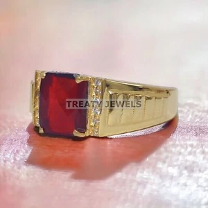 Ruby Cushion Cut With 925 Sterling Silver Gold Plated Ring For Men's #993 - Picture 1 of 6